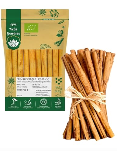 BIO Zimt Ceylon Zimtstangen Ganz 75g | Echter Zimt Canehl aus Sri Lanka | Organic Bio-zertifiziert DE-ÖKO-039 | Cinnamon | Für Küche und Tee | OmVeda