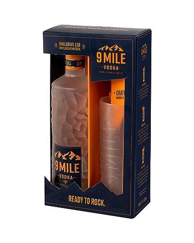 9 Mile Vodka Geschenkverpackung inkl. Glas (1 x 0,7 Liter) - inkl. LED-Beleuchtung - Granite Rock Filtrated Premium Wodka - 4-fach destilliert - Milder Geschmack - Als Drink, Shot oder Geschenkidee