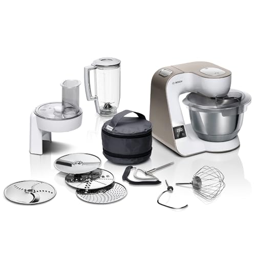 Bosch Küchenmaschine Serie 4 MUM5XW20, Edelstahl-Schüssel 3,9 L, integrierte Waage, Mixer 1,25 L, Profi-Knethaken, Schnee-, Silikonbesen, Durchlaufschnitzler, 4 Scheiben, 1000 W, Weiß/Silber