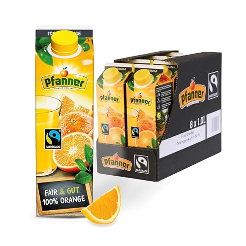 Pfanner Fairtrade Orangensaft (8 x 1 l) – 100% Orange – reich an Vitamin C - Fruchtgetränk im Vorratspack