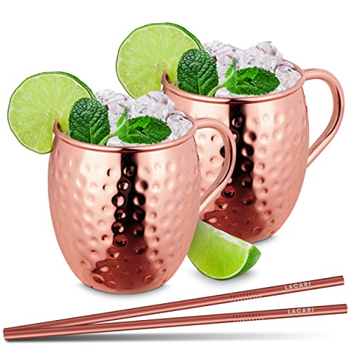 Moscow Mule Becher | Kupferbecher 470ml von LACARI | 2x Kupferbecher & 2x Strohhalme | Moscow Mule Becher 2er Set | Cocktail Bar Geschenk | Inkl. Moscow Mule E-Book