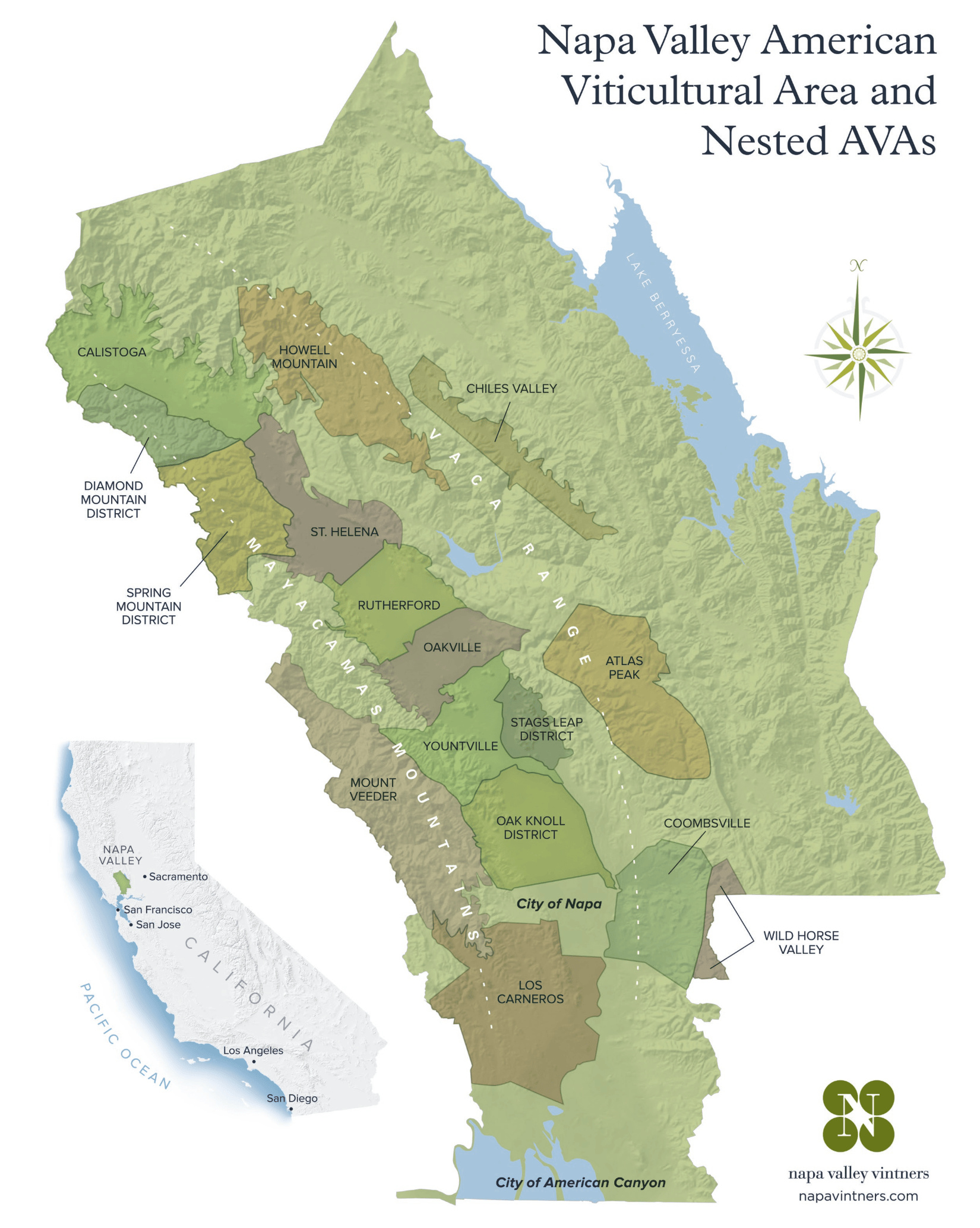 Kartenansicht des Napa Valley inkl. dessen Subregionen