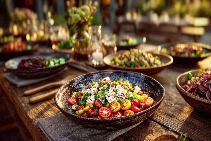 Rustikaler Holztisch im Garten, gedeckt mit sieben bunten Sommersalaten in handgefertigten Keramikschalen. Im Vordergrund ein Tomaten-Feta-Salat mit frischen Kräutern, im Hintergrund stimmungsvolle Kerzenlichter, Wildblumen und Holzbänke bei goldenem Abendlicht – perfekte Atmosphäre für eine stilvolle Grillparty im Freien.