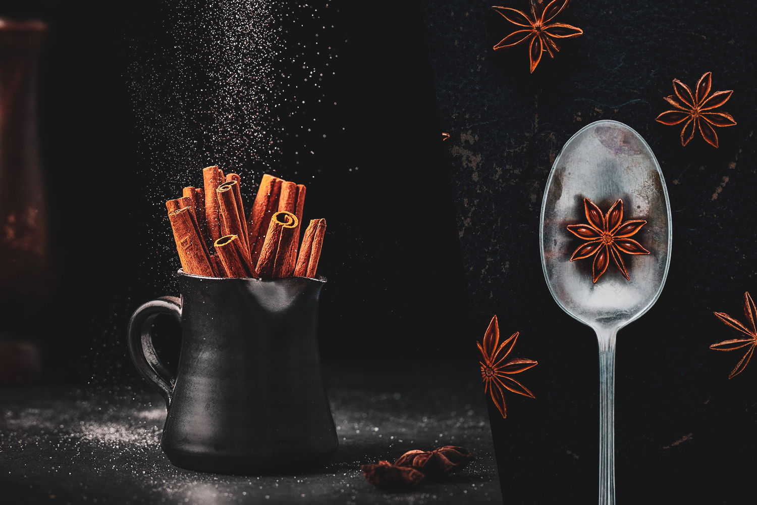 Cinnamon and star anise against dark background as an example of classic Christmas spices