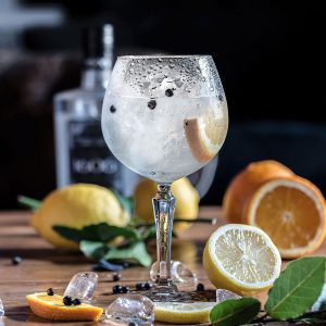 Gin Tonic in einem Coppa Glas mit Eiswürfeln, Wachholderbeeren und Zitrusfrüchten auf einem Holzbrett serviert