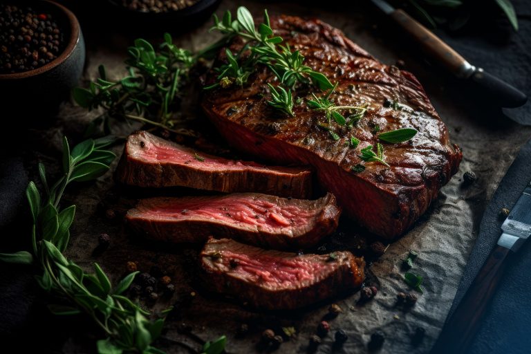 Perfekt gebratenes Steak auf einem Holzbrett aufgeschnitten und mit Rosmarin und Pfeffer gewürzt