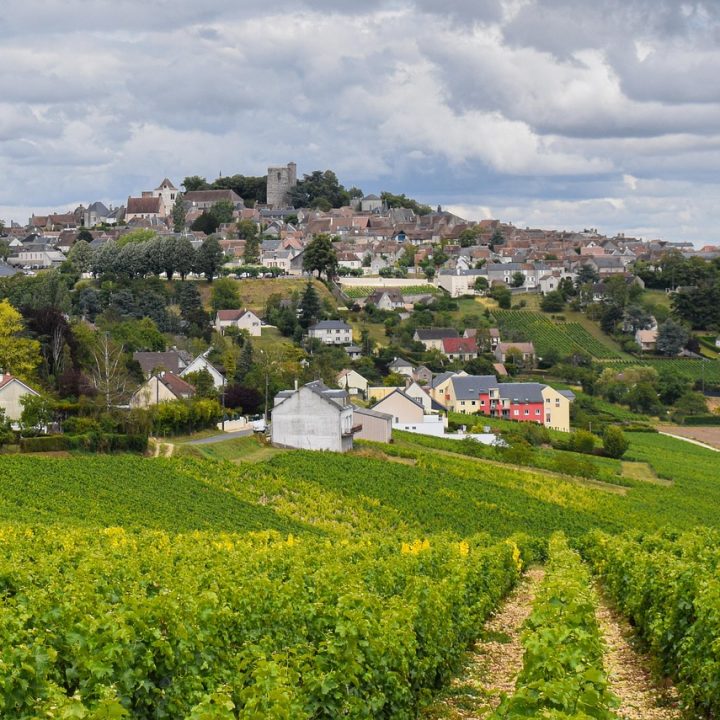 Luftaufnahme mit den Weinbergen des Sancerre und der gleichnamigen Gemeinde im Hintergrund