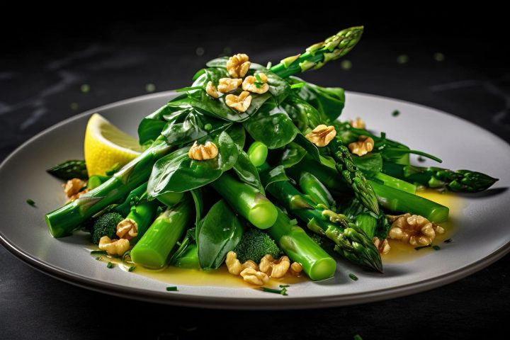 Spargelsalat - Grüner Spargel mit Brokkoli und Babyspinat auf einem grauen Teller vor einem dunklen Hintergrund