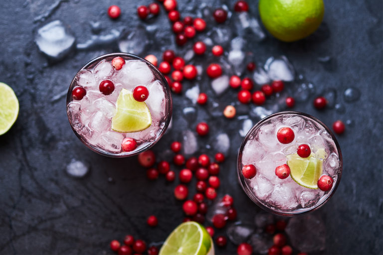 Eiskalte Wodka Cranberry Cocktails mit Limetten und Beeren auf einer dunklen Schieferplatte serviert